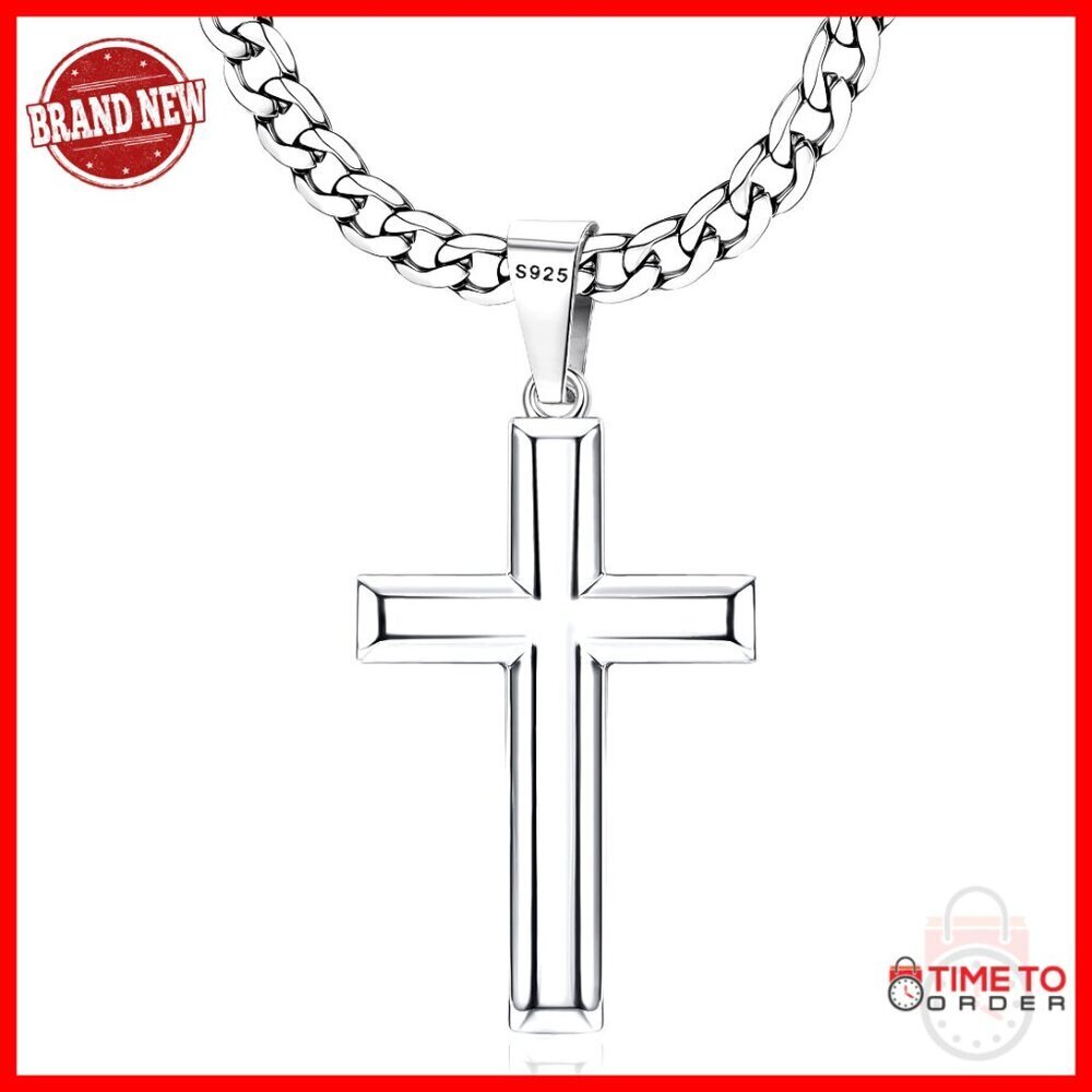 Sterling Silver Cross Necklace with Cuban Link Chain, 22 Inch